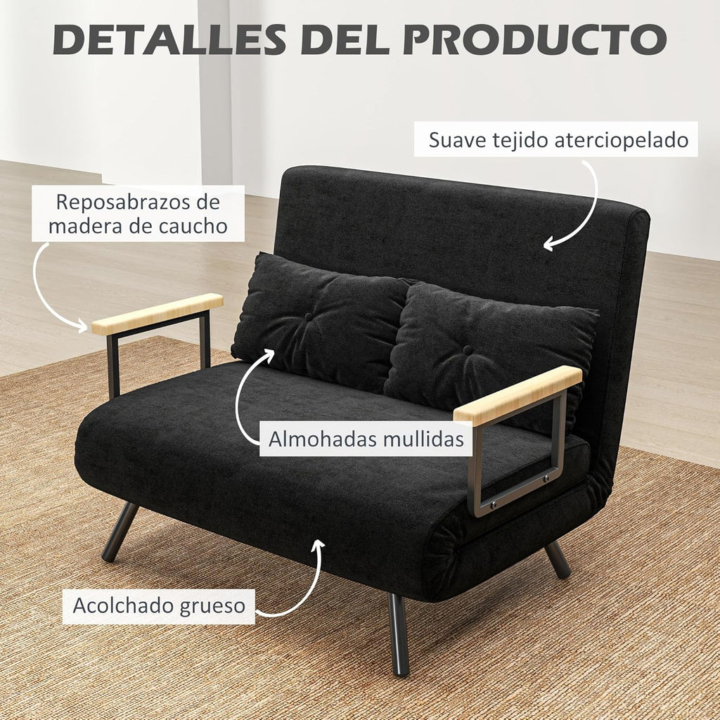 HOMCOM Sofa Bed 2 Seater Folding Sofa Bed Upholstered in Velvet with 5 Levels Adjustable Backrest and Padded Pillows for Office Bedroom Living Room 102 x 73 x 81 cm Beige