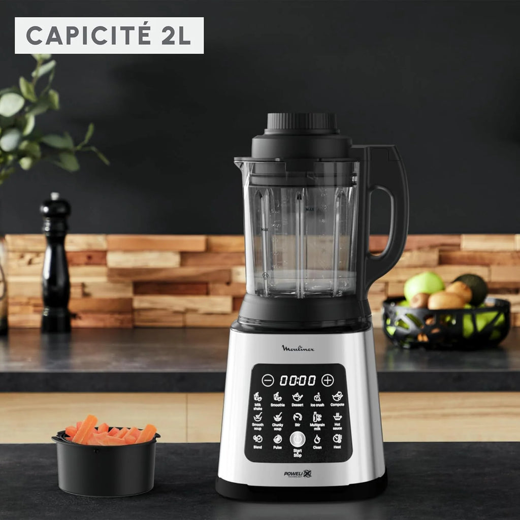 Moulinex Blender chauffant, 1400 W, 10 programmes automatiques, Lames amovibles, Fonction nettoyage en profondeur, Panier vapeur, Perfectmix Cook LM83SD10, Métal