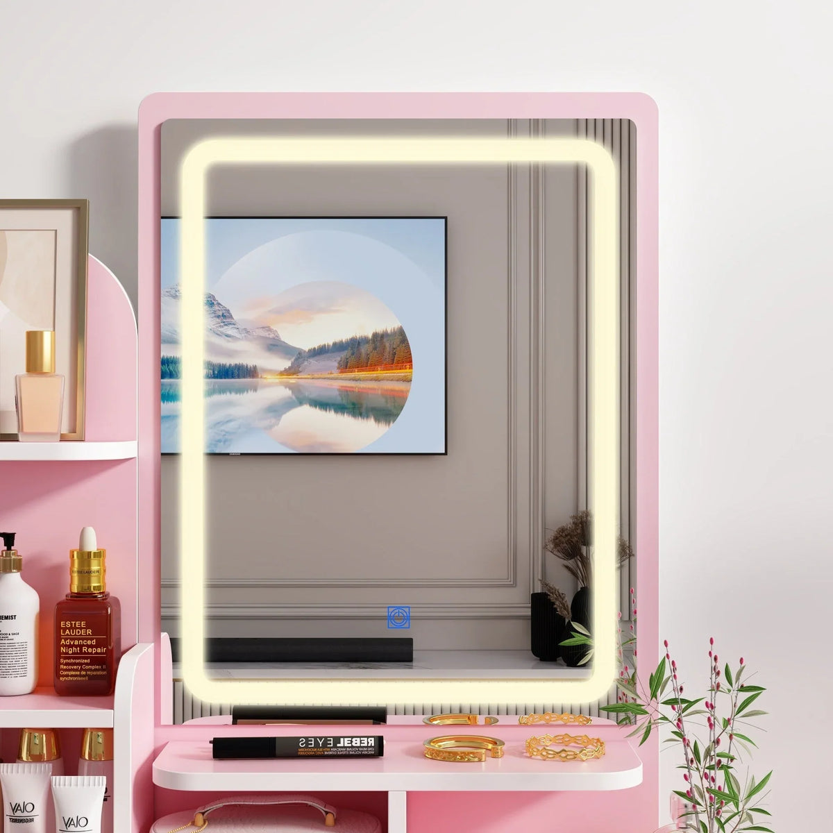 Makeup Vanity Set Table With LED Light &Mirror & Stool