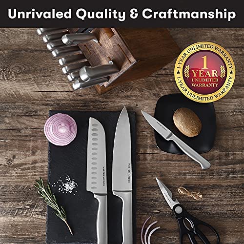 Juego de Cuchillos de Cocina Premium de 19 Piezas con Bloque de Madera | Cuchillería de Acero Inoxidable Alemán Master Maison con Afilador de Cuchillos y 8 Cuchillos para Bistec