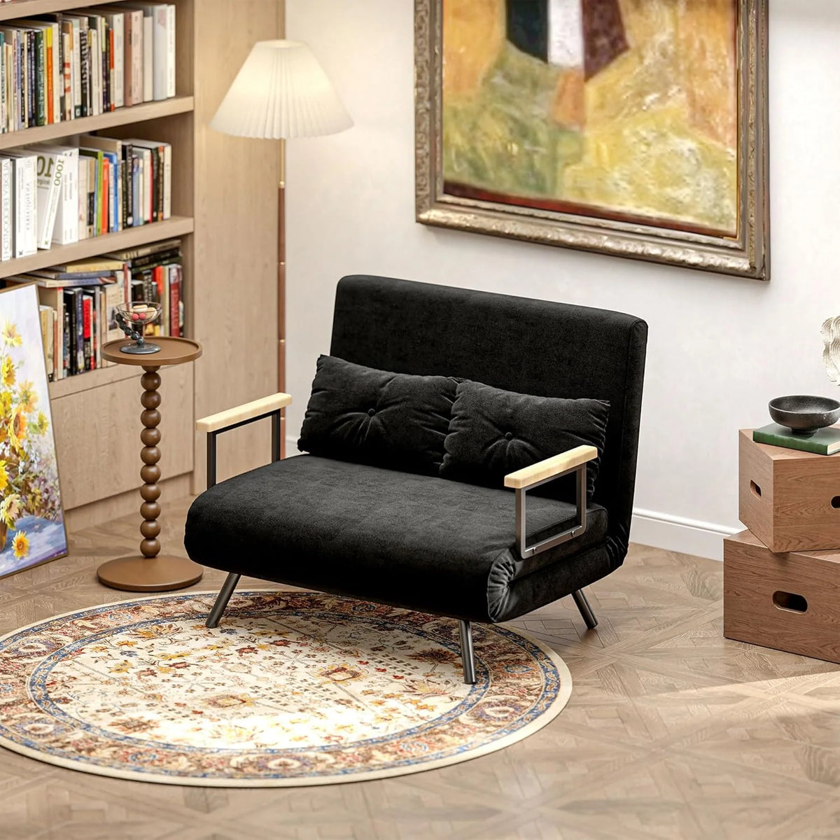 HOMCOM Sofa Bed 2 Seater Folding Sofa Bed Upholstered in Velvet with 5 Levels Adjustable Backrest and Padded Pillows for Office Bedroom Living Room 102 x 73 x 81 cm Beige