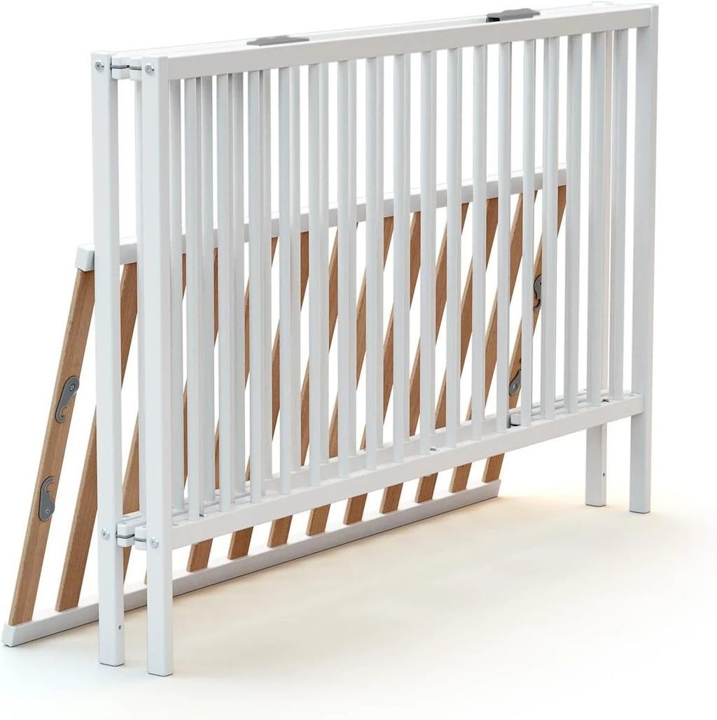 WEBABY - Lit bébé pliant 60x120cm Blanc | Bois massif | Dès la naissance |Confort de sommeil | Sommier à lattes | Compact | Transportable | Pliable |Gain de place | Lit de voyage